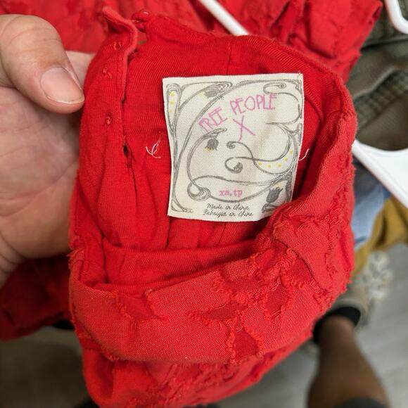 Free People Red Fit Flare Mini Boho Floral Burnout Embroidered Dress SZ XS - Picture 4 of 6